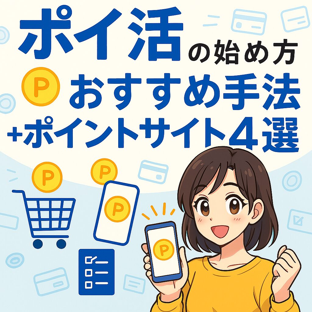 スマホでポイントを貯める若い女性とポイントサイトのロゴやアイコンが並ぶイラスト