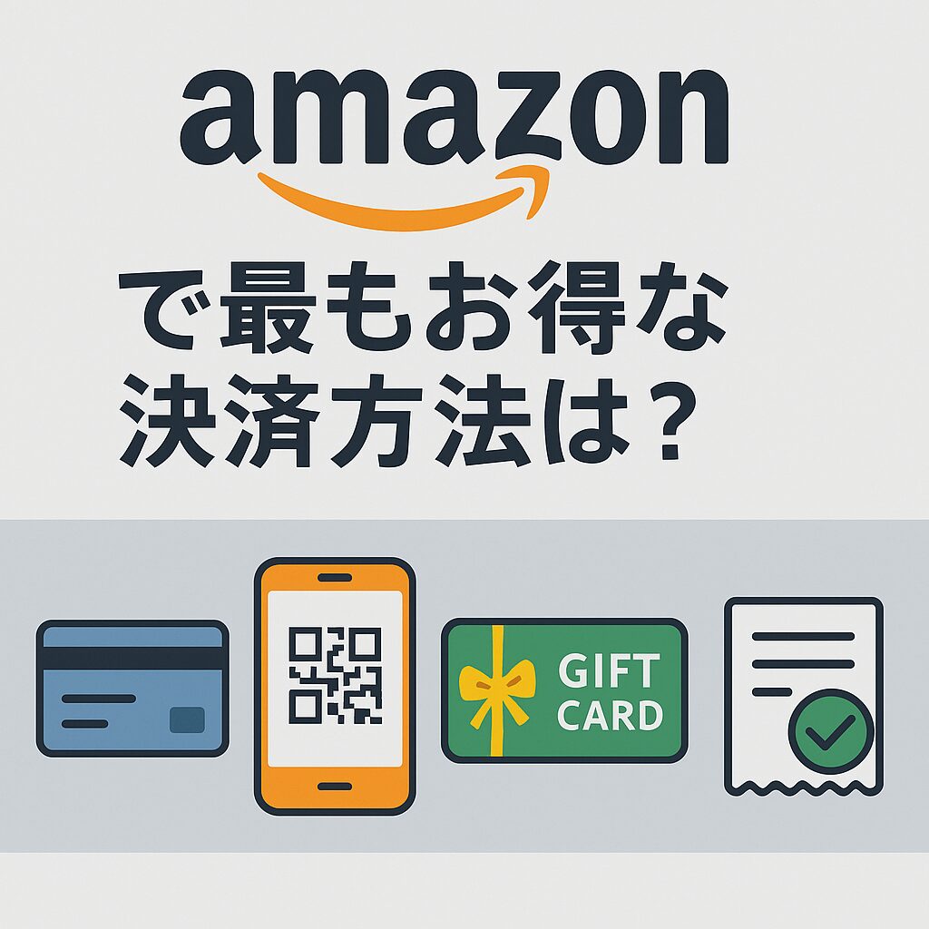 「Amazonで最もお得な決済方法は？」というタイトル、クレジットカード・スマホ決済・ギフトカード・レシートのアイコンが並ぶビジネス風アイキャッチ画像